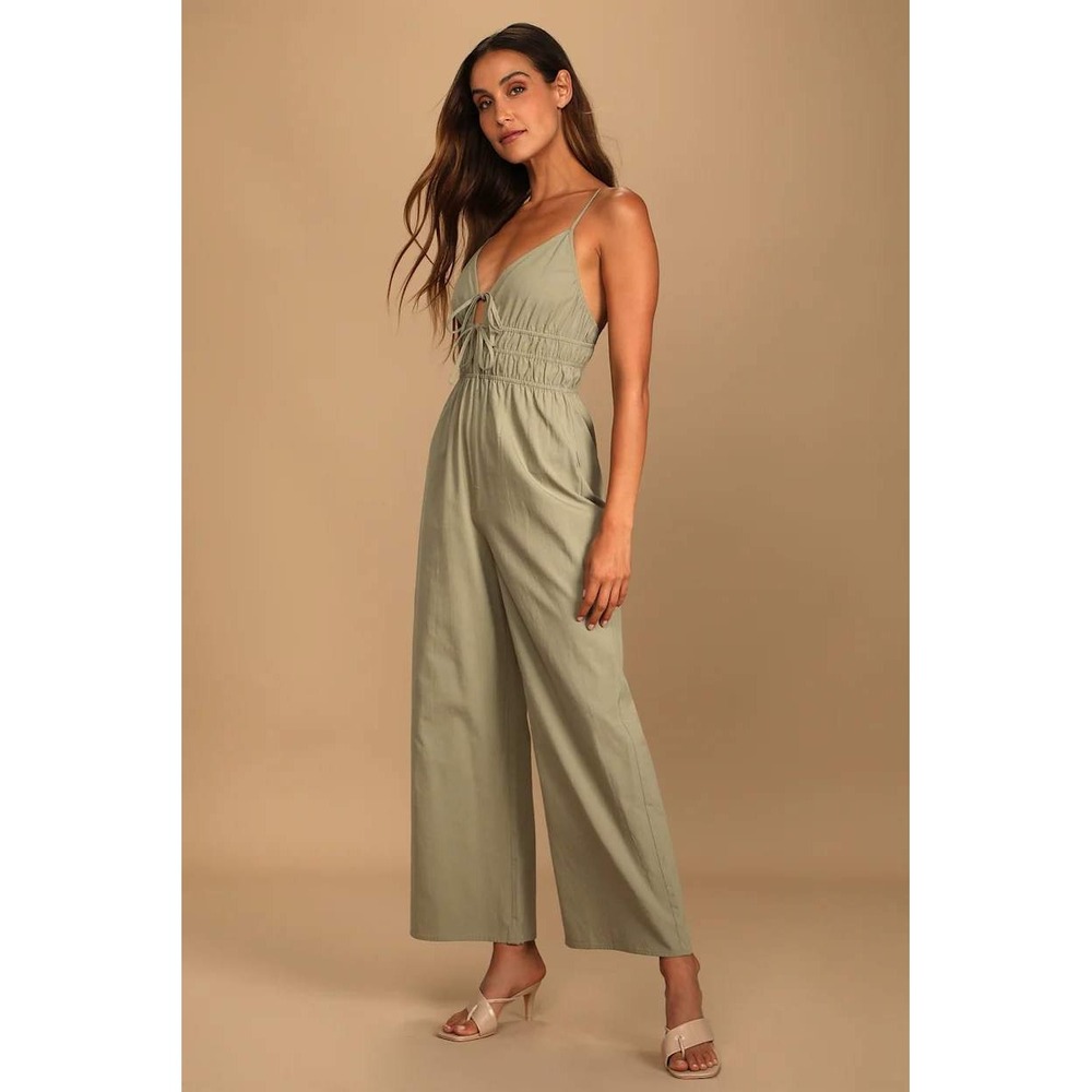 Lulus Sage Green Smocked Wide Leg Jumpsuit Cotton Linen‎ Blend Small